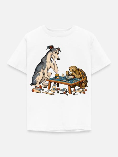 Windhund und Schildkröte beim Modellbau - Kinder T-Shirt - Weiß