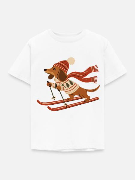 Dackel auf Skiern - Kinder T-Shirt - Weiß