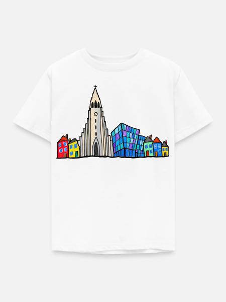 Reykjavik Skyline – Bunte Kinderzeichnung - Kinder T-Shirt - Weiß