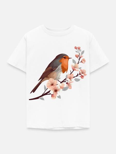 Rotkehlchen auf Kirschblüte - Kinder T-Shirt - Weiß