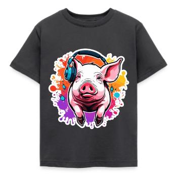 Kopfhörer / Audio / Musik / Tier / Schwein / cool - Kinder T-Shirt - Dunkelgrau - Vorne - AI Model Kid Female (0cm)