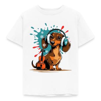 Wintermusik-Dackel mit Kopfhörern - Kinder T-Shirt - Weiß - Vorne - AI Model Kid Male (0cm)