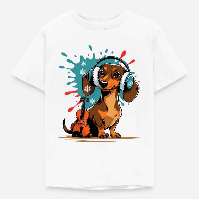 Wintermusik-Dackel mit Kopfhörern - Kinder T-Shirt - Weiß