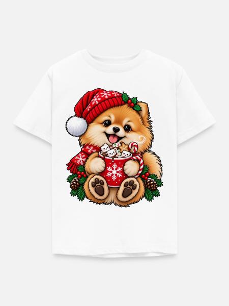 Zwergspitz mit Wintermütze & heißem Kakao - Kinder T-Shirt - Weiß
