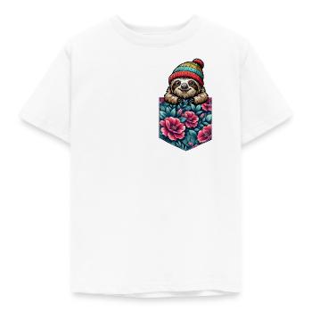 Faultier mit Beanie - T-Shirt Tasche Brusttasche - Kinder T-Shirt - Weiß - Vorne - AI Model Kid Male (0cm)