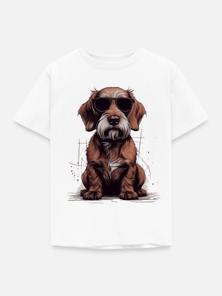 Rauhaardackel mit Sonnenbrille für Dackelfans - Kinder T-Shirt - Weiß