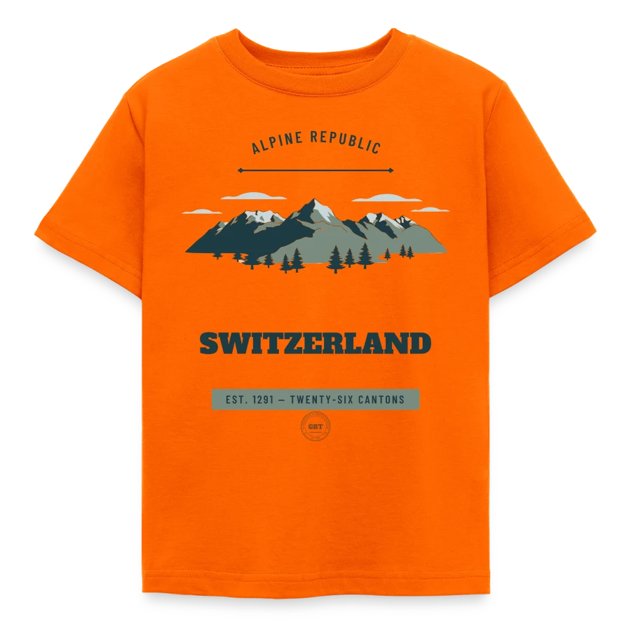 Switzerland badge on a kids' t-shirt, orange