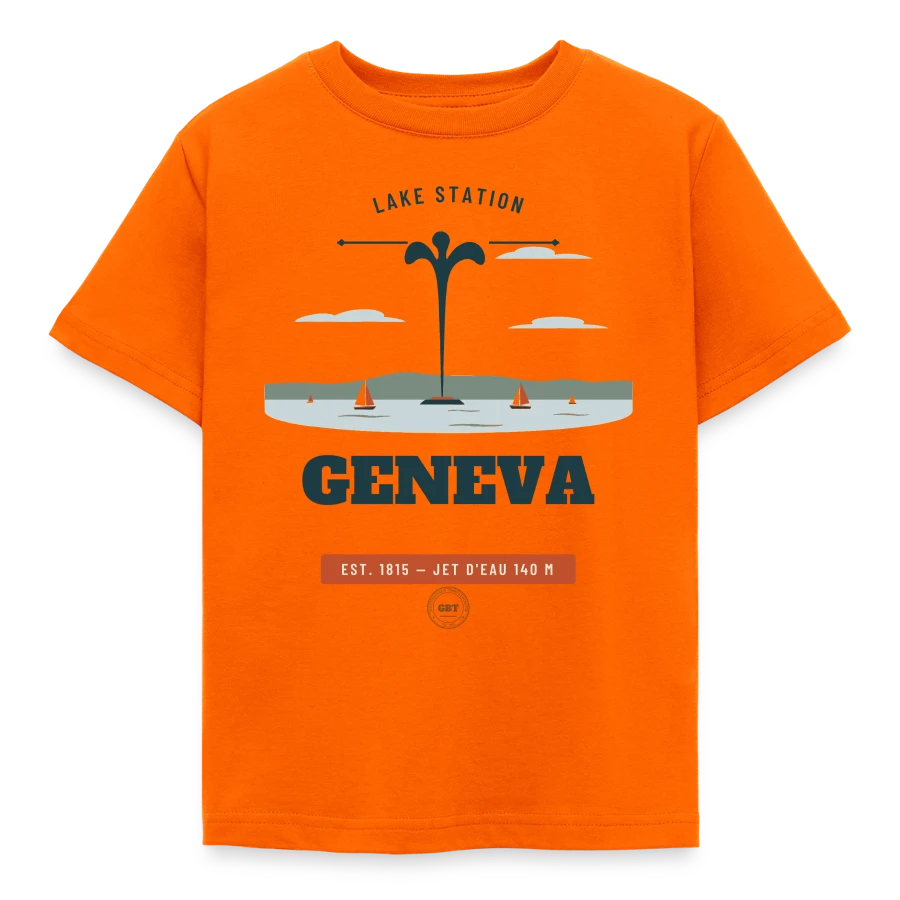 Geneva badge on a kids' t-shirt, orange