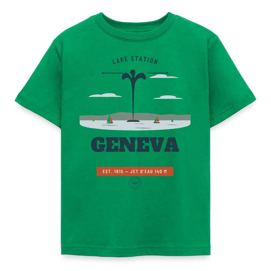Geneva badge on a kids' t-shirt, kelly green