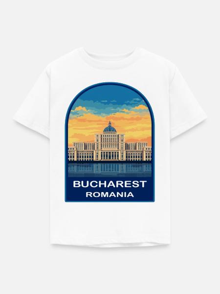 Bukarest Rumäniens Parlament Retro Sonnenuntergangsabzeichen - Kinder T-Shirt - Weiß