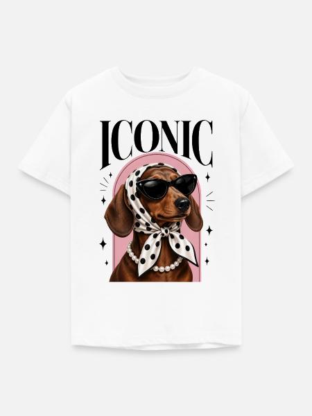 Dackel mit Sonnenbrille, Kopftuch & Perlenkette - Kinder T-Shirt - Weiß