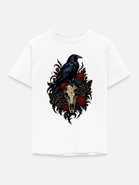 Rabe mit Schädel und Nachtblumen - Kinder T-Shirt - Weiß