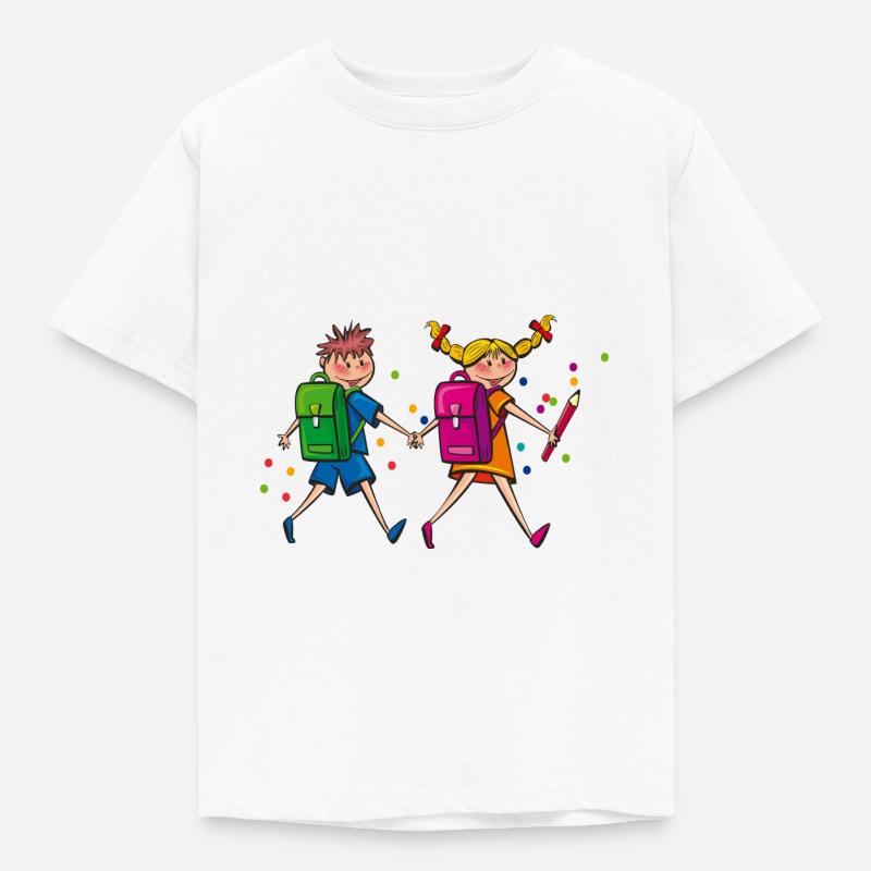 Schulkinder mit Schulranzen. Geschenkidee - Kinder T-Shirt - Weiß