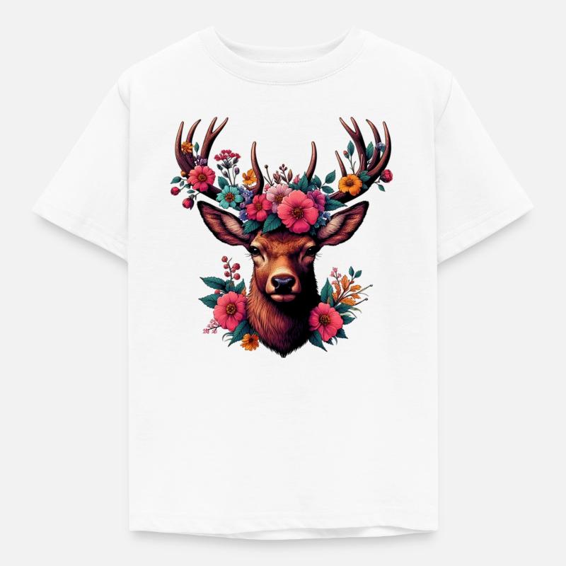 Hirsch mit Blumen - Kinder T-Shirt - Weiß