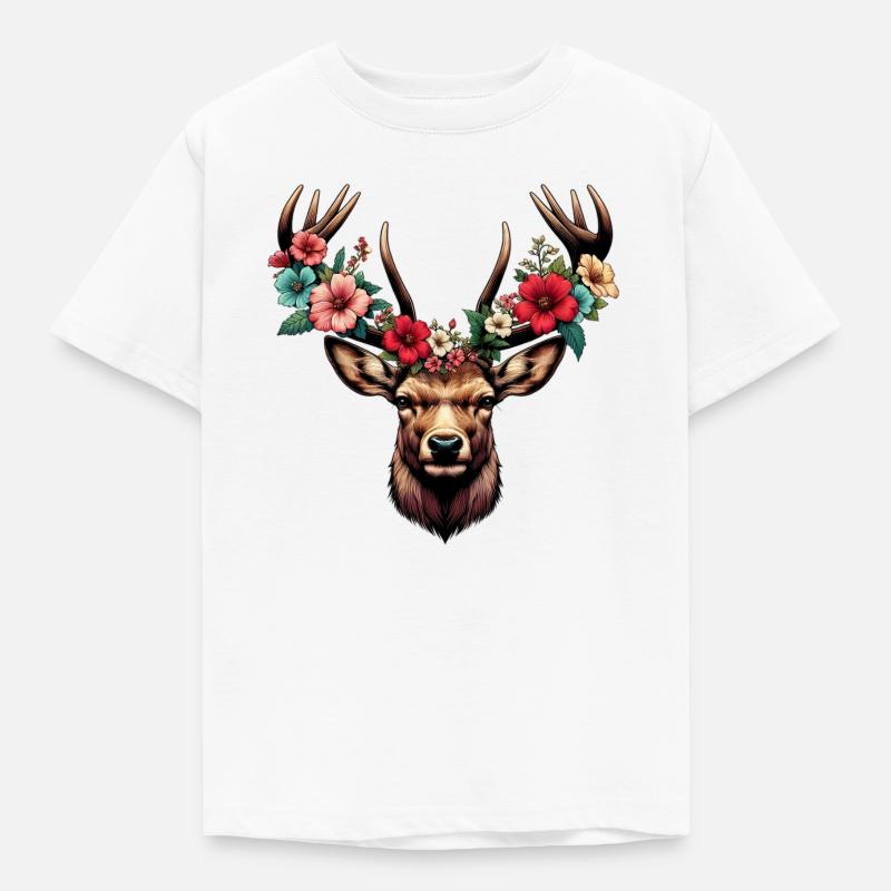 Hirsch mit Blumen - Kinder T-Shirt - Weiß