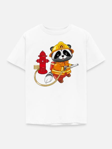 Niedlicher Waschbär-Feuerwehrmann mit Hydrant - Kinder T-Shirt - Weiß