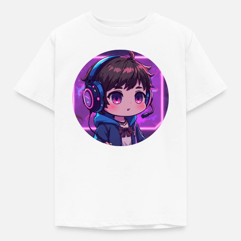 Neon Gaming Chibi mit Kopfhörern - Kinder T-Shirt - Weiß