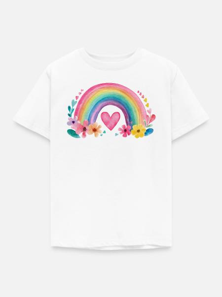 Regenbogen mit Herz & Blumen – Aquarell Liebe - Kinder T-Shirt - Weiß