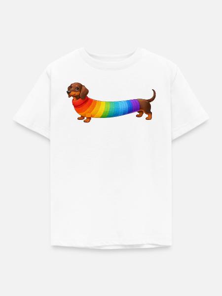 Dackel mit Regenbogen Pullover  - Kinder T-Shirt - Weiß