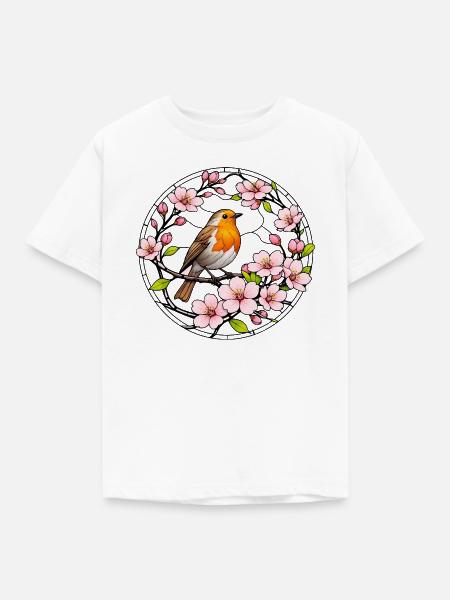 Rotkehlchen mit Kirschblüten Glasfensterstil - Kinder T-Shirt - Weiß