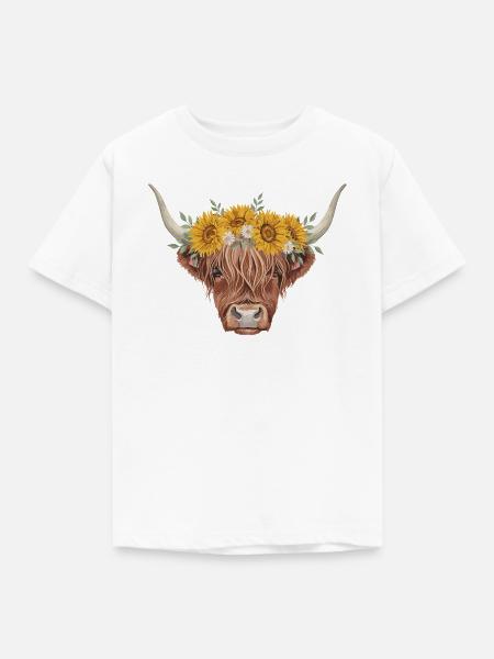 Sonnenblumenkranz Hochlandkuh - Kinder T-Shirt - Weiß