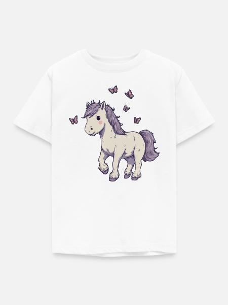 Süßes Pony mit Schmetterlingen - Kinder T-Shirt - Weiß