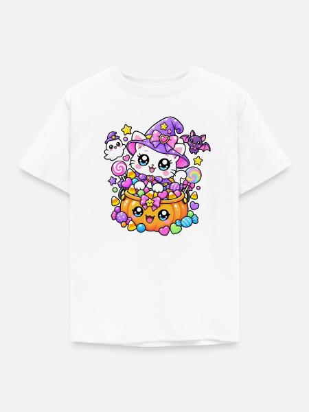 Hexenkatze und Kürbisbonbons - Kinder T-Shirt - Weiß
