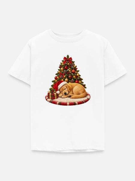Schlafender Weihnachtshund am Baum - Kinder T-Shirt - Weiß