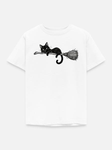 Schwarze Katze auf dem Besen - Kinder T-Shirt - Weiß
