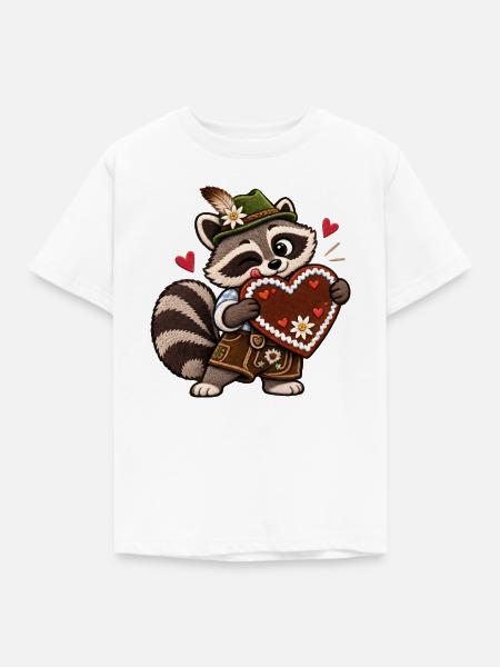 Waschbär in Tracht mit Lebkuchenherz - Kinder T-Shirt - Weiß