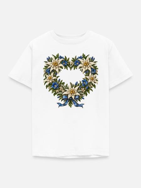 Edelweißherz mit Enzian & blauer Schleife - Kinder T-Shirt - Weiß