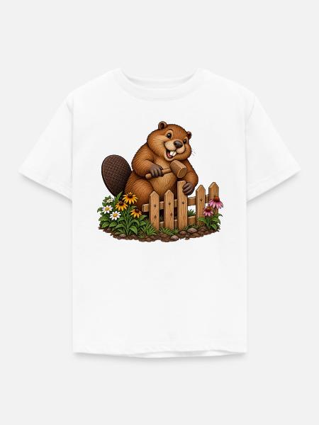 Biber baut einen Gartenzaun - Kinder T-Shirt - Weiß