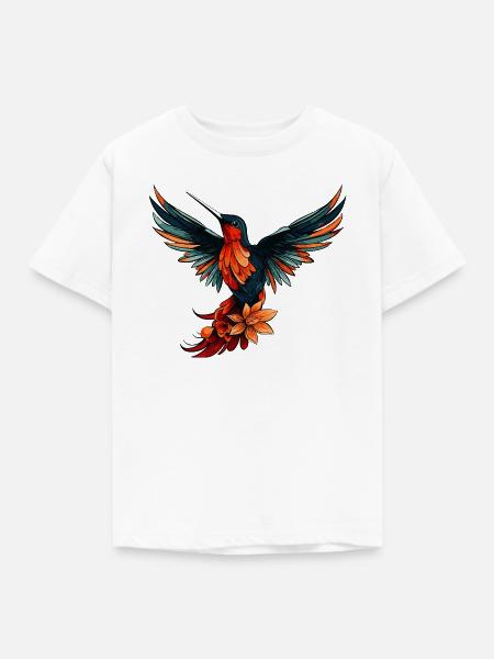 Kolibri Vogel Bunt mit Blumen - Kinder T-Shirt - Weiß