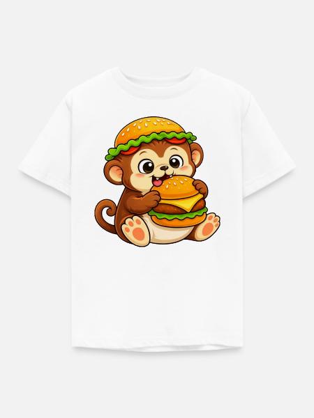 Schimpanse mit Cheeseburger Fast Food - Kinder T-Shirt - Weiß