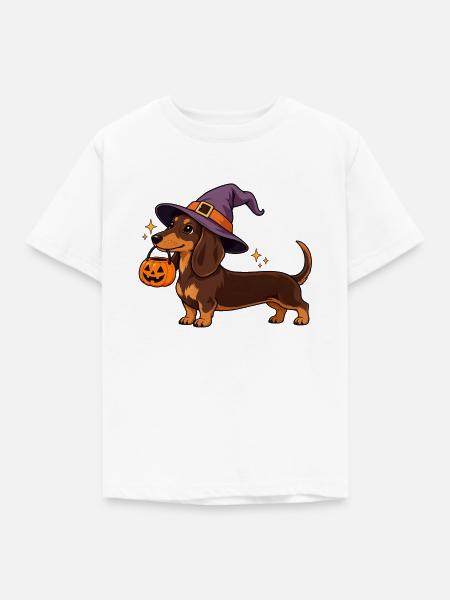 Dackel Hexenhut Halloween - Kinder T-Shirt - Weiß