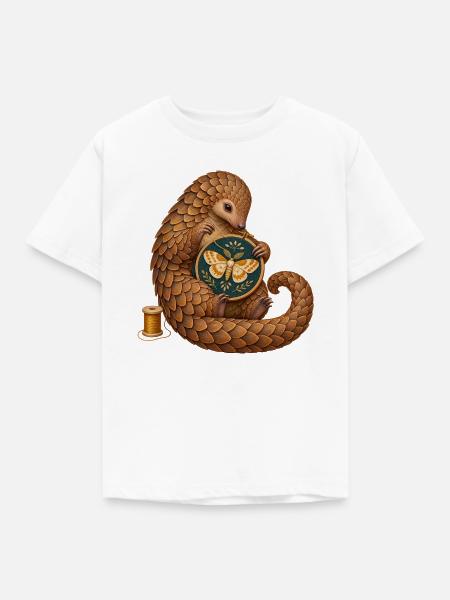 Schuppentier stickt eine Motte - Kinder T-Shirt - Weiß