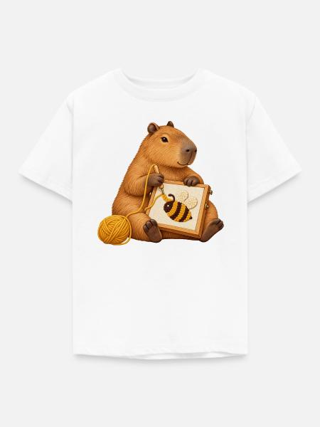 Capybara mit Punch-Needle-Biene - Kinder T-Shirt - Weiß