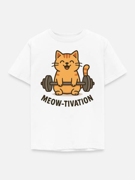 Meow-tivation – Katze beim Gewichtheben - Kinder T-Shirt - Weiß