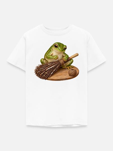 Frosch bindet einen Reisigbesen - Kinder T-Shirt - Weiß