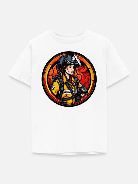 Feuerwehrfrau mit Helm und Flammen - Kinder T-Shirt - Weiß
