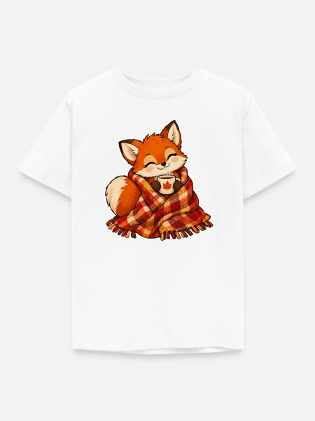 Fuchs mit Herbstschal und Kaffee - Kinder T-Shirt - Weiß