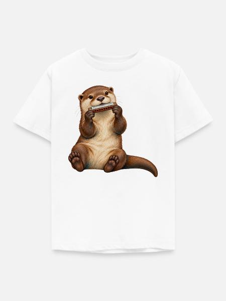 Otter spielt Mundharmonika - Kinder T-Shirt - Weiß