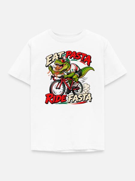 Eat Pasta Ride Fasta – Rennrad T-Rex - Kinder T-Shirt - Weiß