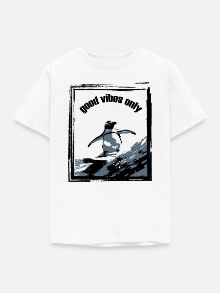 Pinguin Surfbrett Kunstdruck - Kinder T-Shirt - Weiß