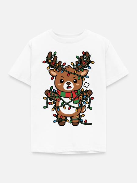 Niedliche Kawaii-Rentier-Verhedderte Weihnachtslichter - Kinder T-Shirt - Weiß
