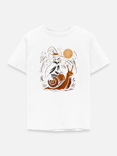 Mondlichtkatze auf Schnecke - Kinder T-Shirt - Weiß