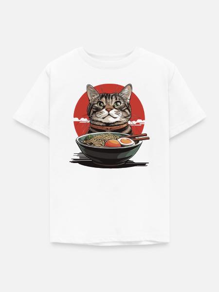 Katze mit Ramen-Schüssel - Kinder T-Shirt - Weiß