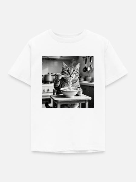 Katze isst Ramen Nudeln - Kinder T-Shirt - Weiß