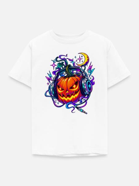 Neon Kürbis mit Kopfhörern - Kinder T-Shirt - Weiß