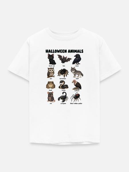 Halloween Tierdiagramm Schwarze Katze Fledermaus - Kinder T-Shirt - Weiß